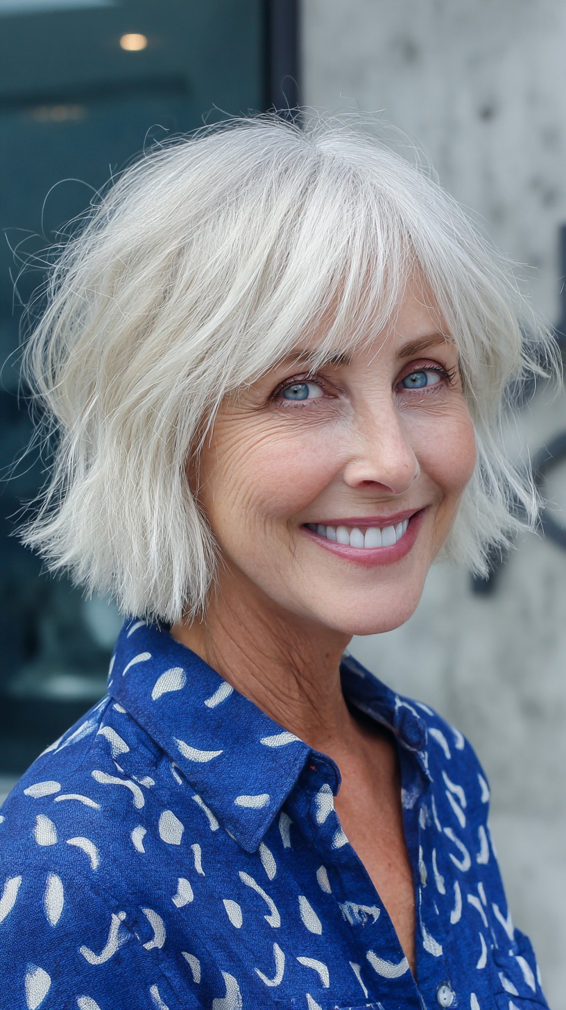 Platinum Textured Chin-Length Shag Bob with Soft Curtain Fringe
