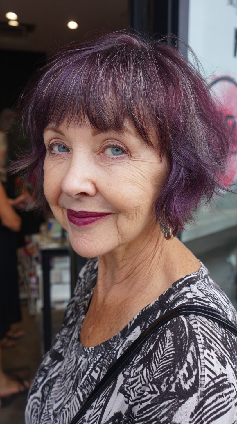 Plum-Infused Silver Textured Chin-Length Bob with Micro Bangs