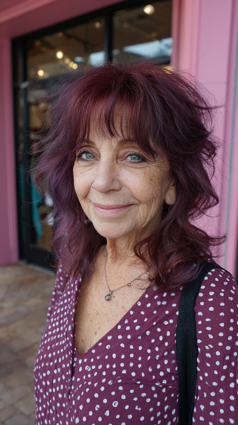 Plum-Layered Medium Shag with Sheer Brow-Skimming Fringe