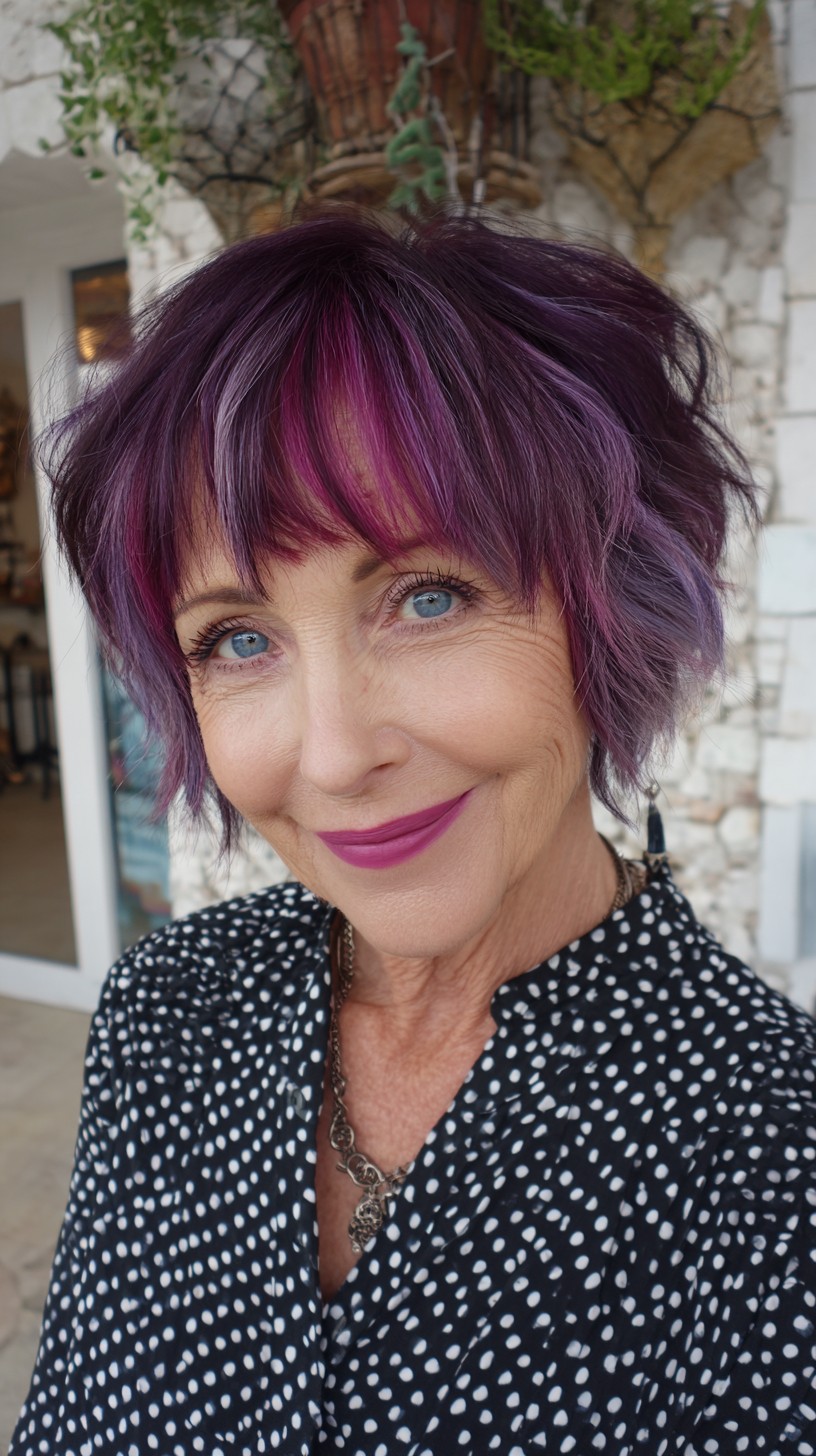Plum-Violet Textured Short Shag with Soft Micro-Curtain Bangs