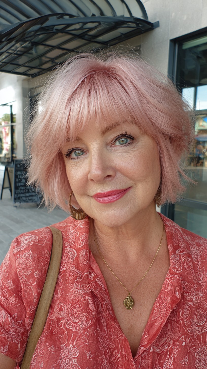 Rose-Gold Textured Chin-Length Bob with Blunt-Feathered Fringe