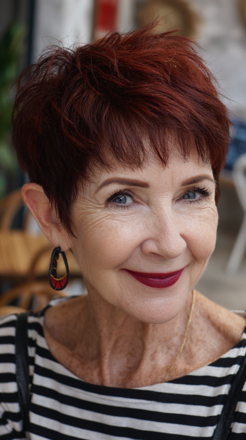 Short Auburn Razored Pixie with Choppy Micro Fringe and Lifted Crown