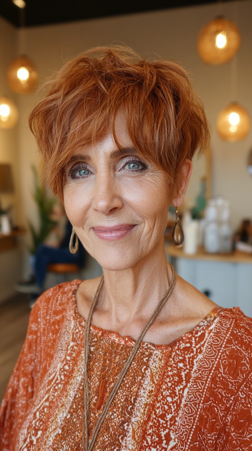 Short Copper Layered Pixie with Piecey Fringe