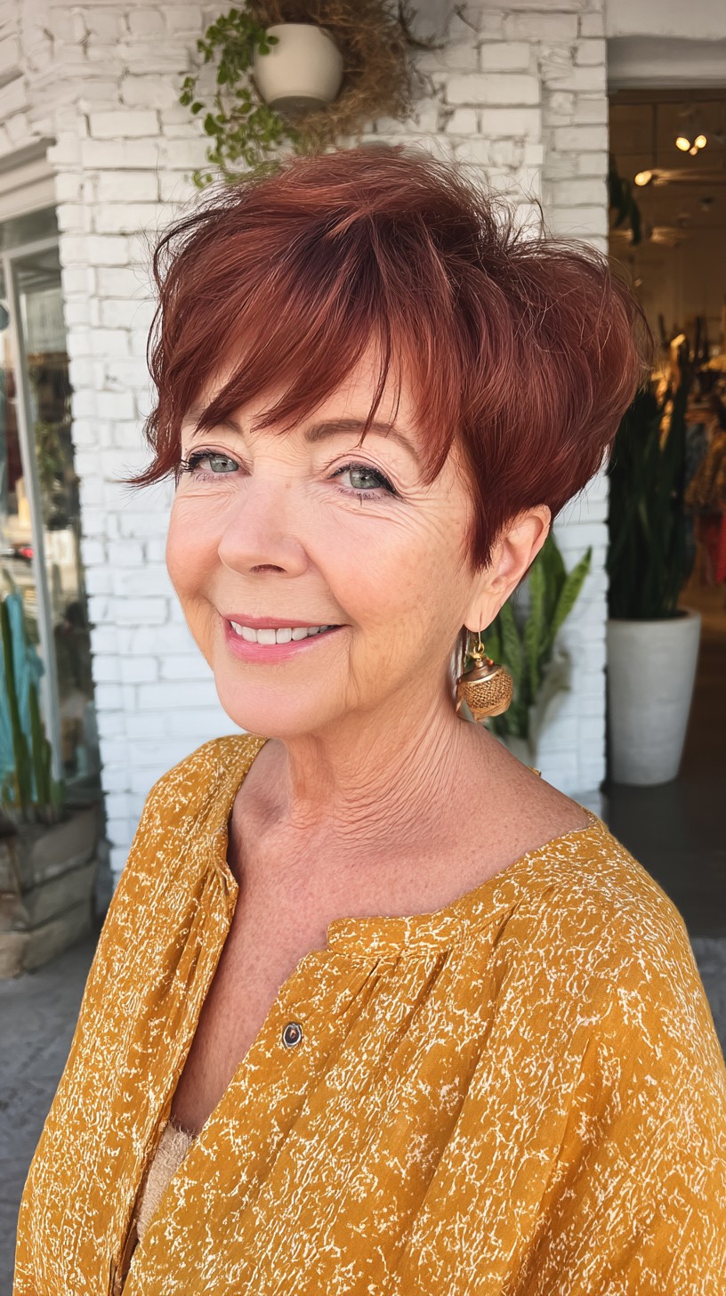 Short Copper Layered Stacked Pixie with Wispy Fringe