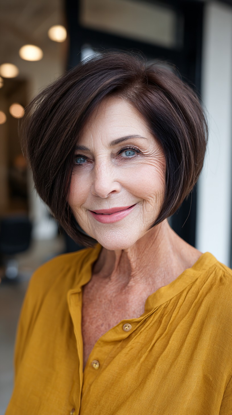 Chic Short Graduated Chocolate Bob with Side-Swept Face-Framing