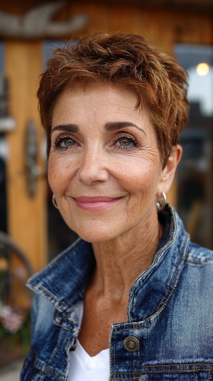 Short Textured Cinnamon Pixie with Tousled Lifted Crown