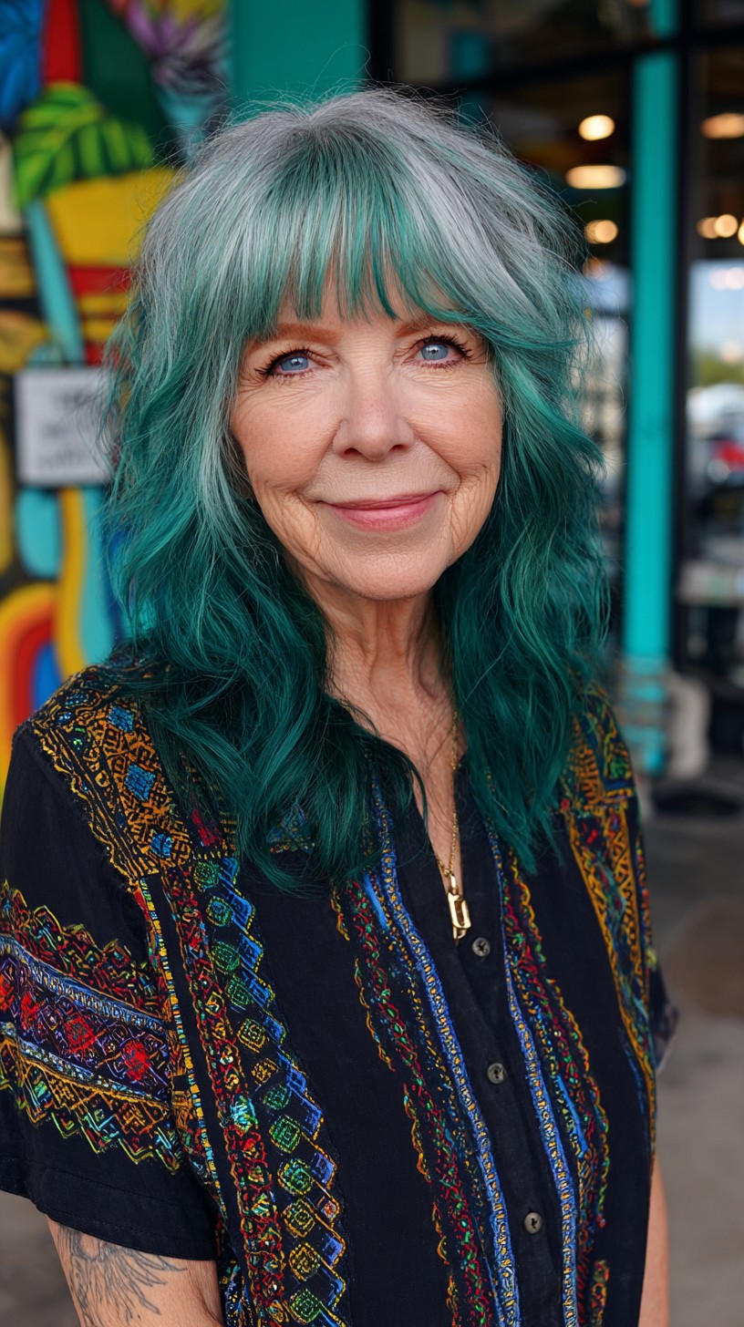 Silver-Rooted Teal Mid-Length Shag with Wispy Fringe