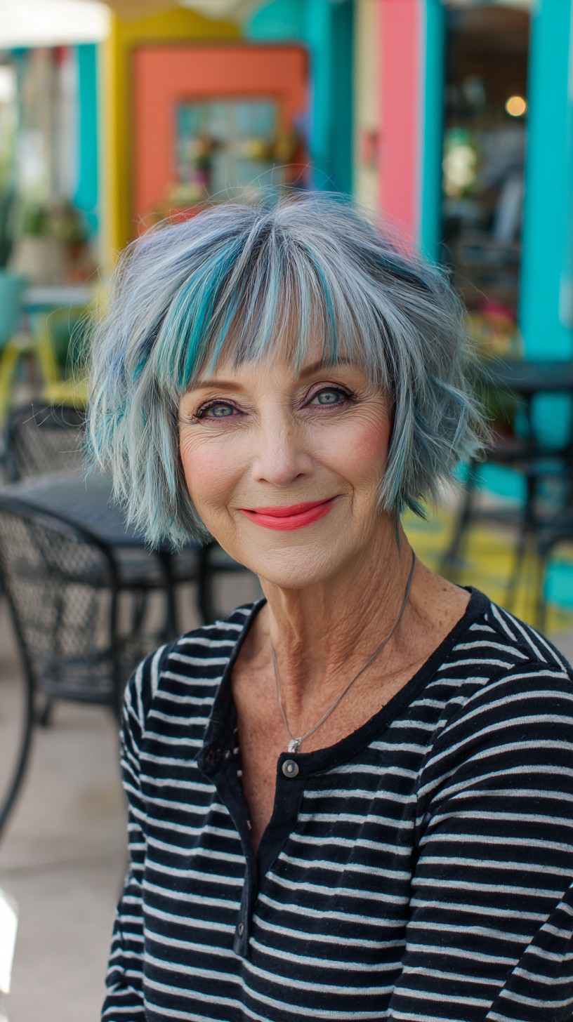 Silver Shaggy Chin-Length Bob with Teal Peekaboo Highlights