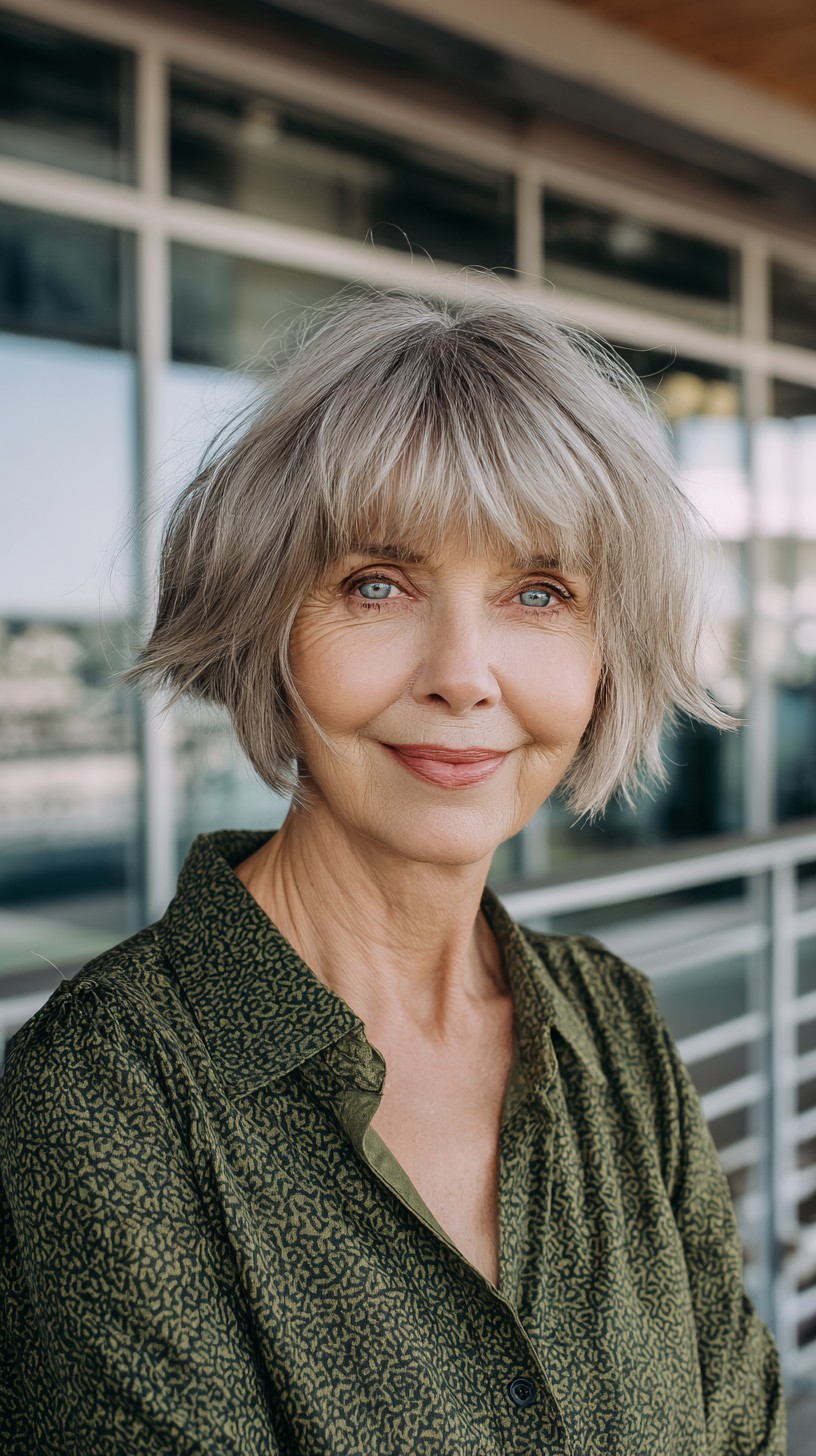 Silver Textured Chin-Length Shag with Soft Micro Bangs