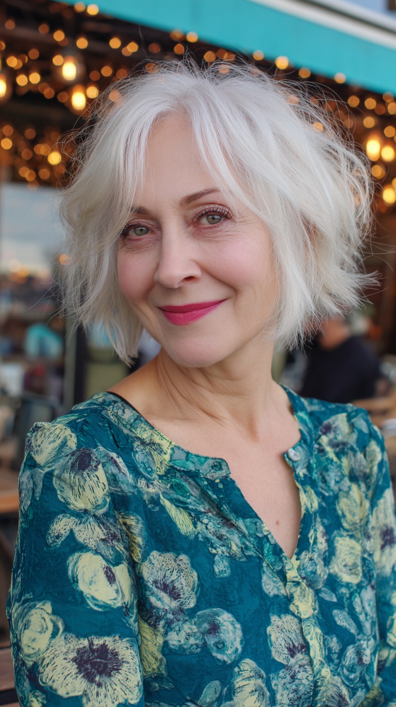 Silver Textured Shaggy Chin-Length Cut with Side-Swept Fringe