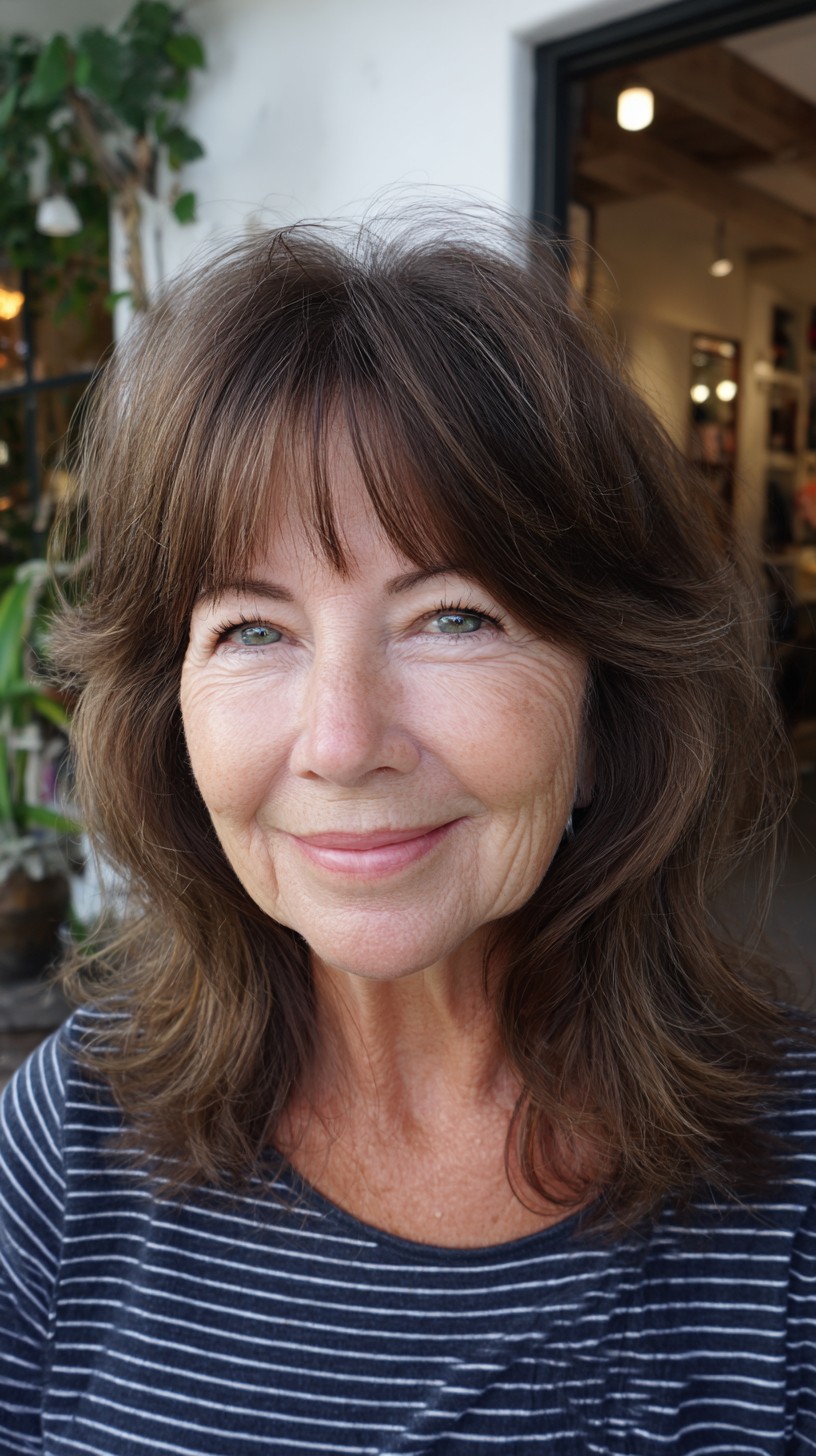 Soft Chestnut Shoulder Shag with Wispy Face-Framing Fringe