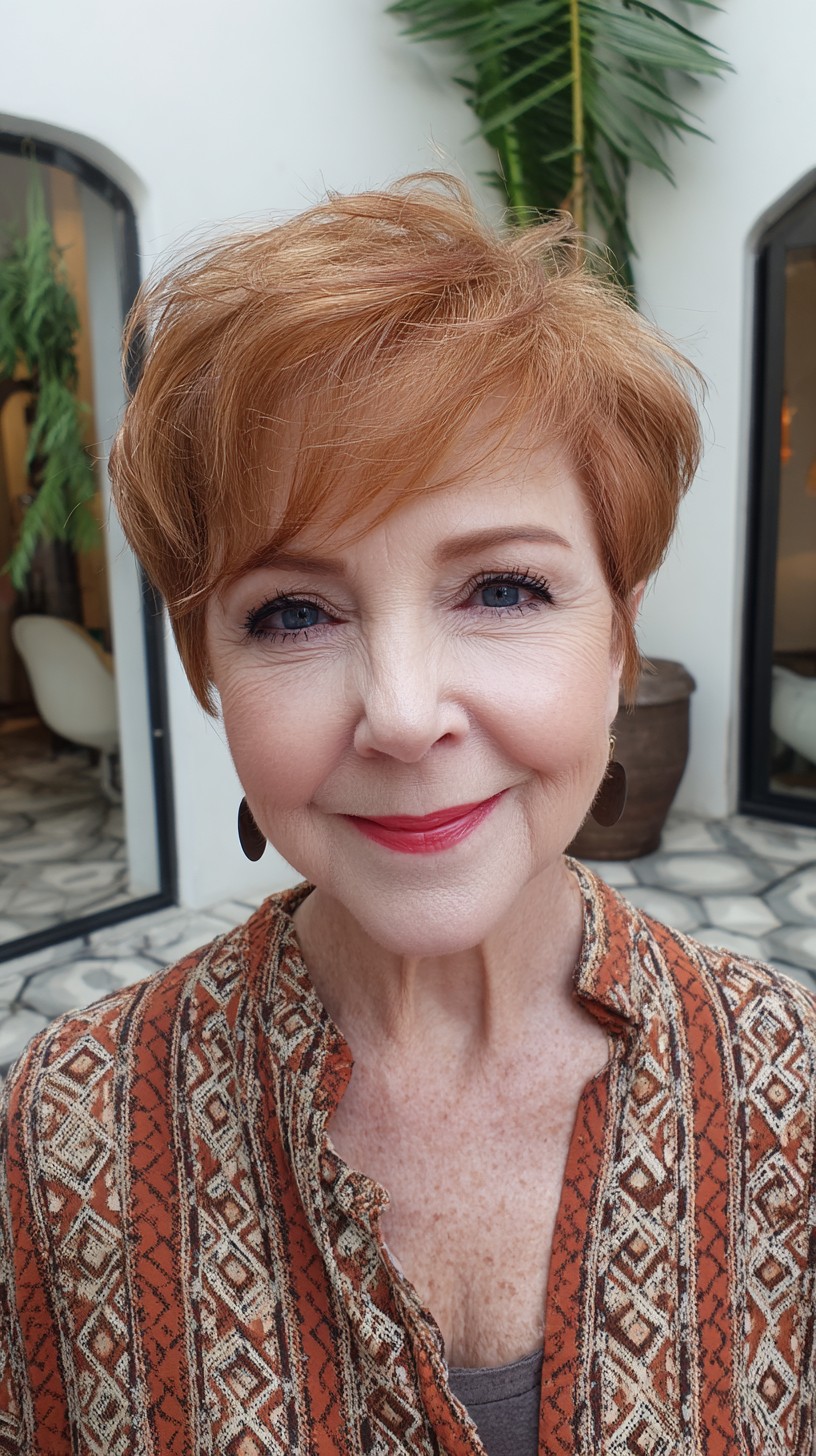 Soft Ginger Layered Pixie with Face-Framing Sweep