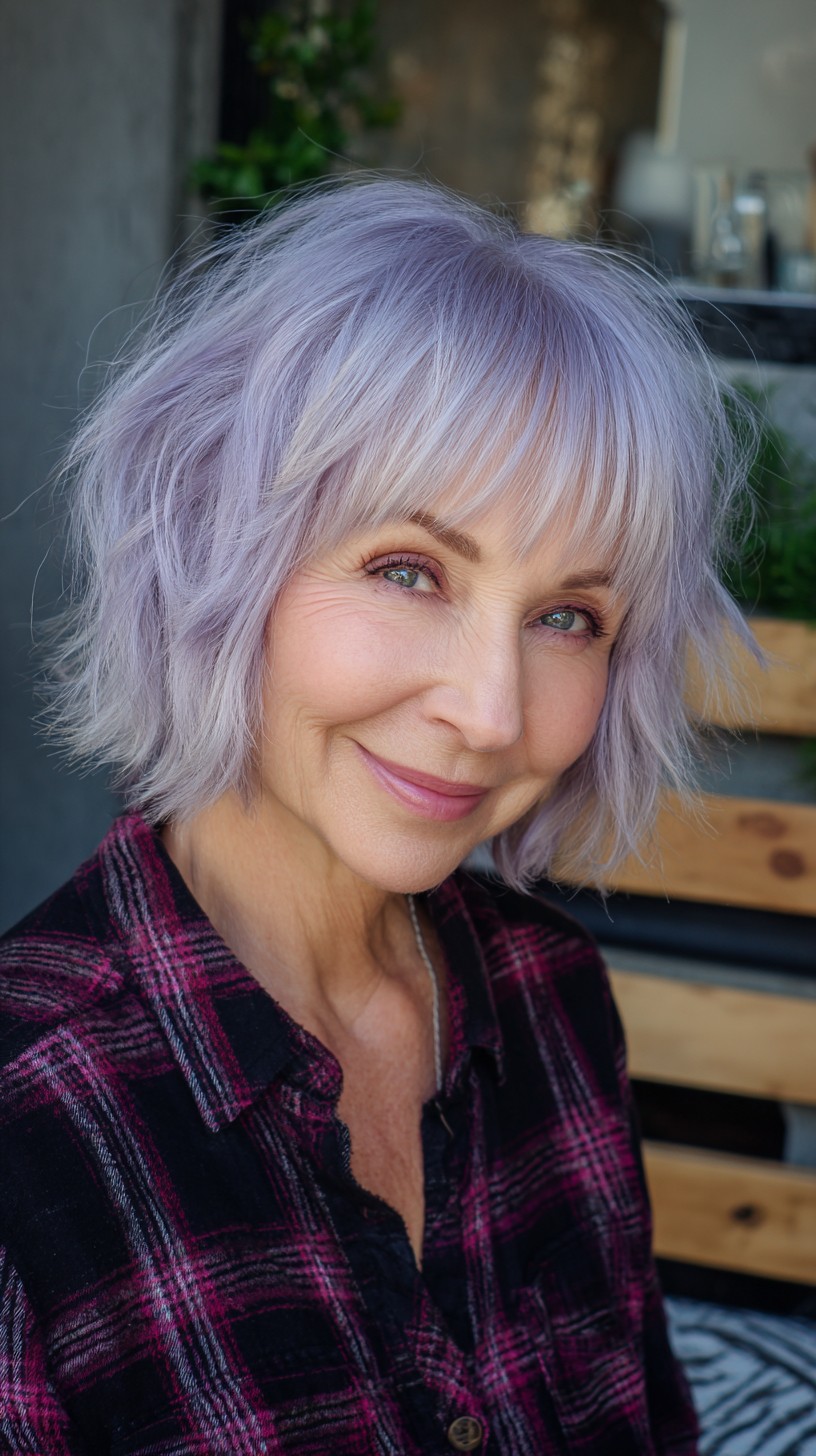 Soft Lavender Shaggy Chin-Length Bob with Feathered Mini Fringe