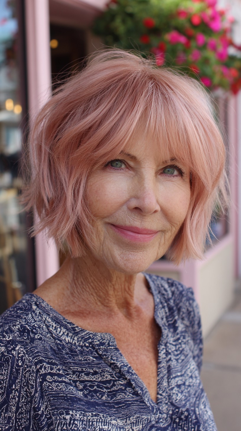 Soft Rose-Gold Textured Chin-Length Shag with Wispy Face-Framing Layers
