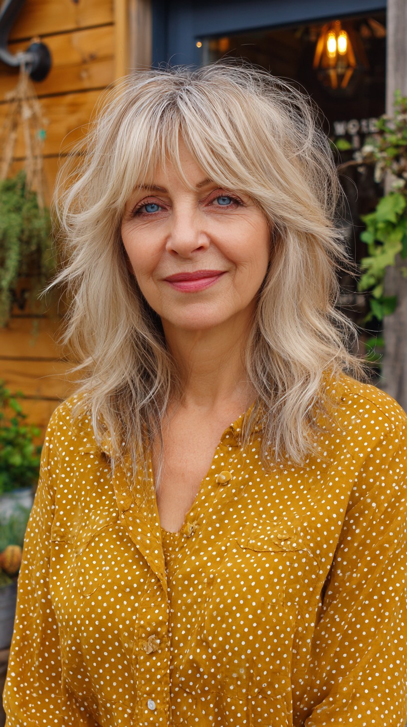 Soft Silver Mid-Length Shag with Textured Curtain Bangs