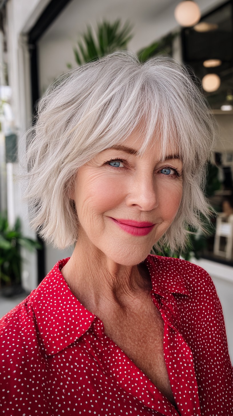 Soft Silver Textured Chin-Length Bob with Feathered Wispy Fringe