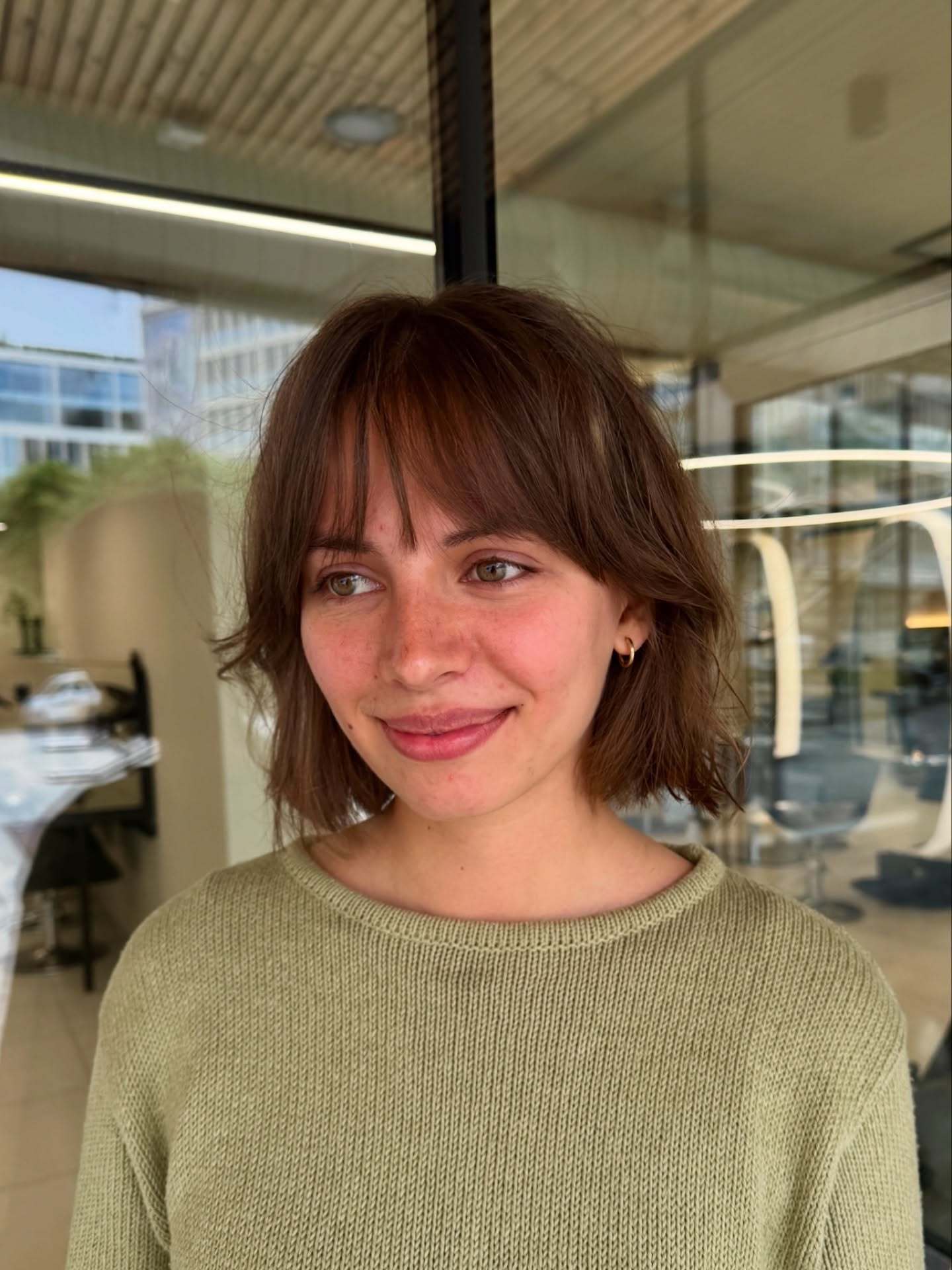 Soft Textured Chin-Length Bob with Piecey Curtain Fringe