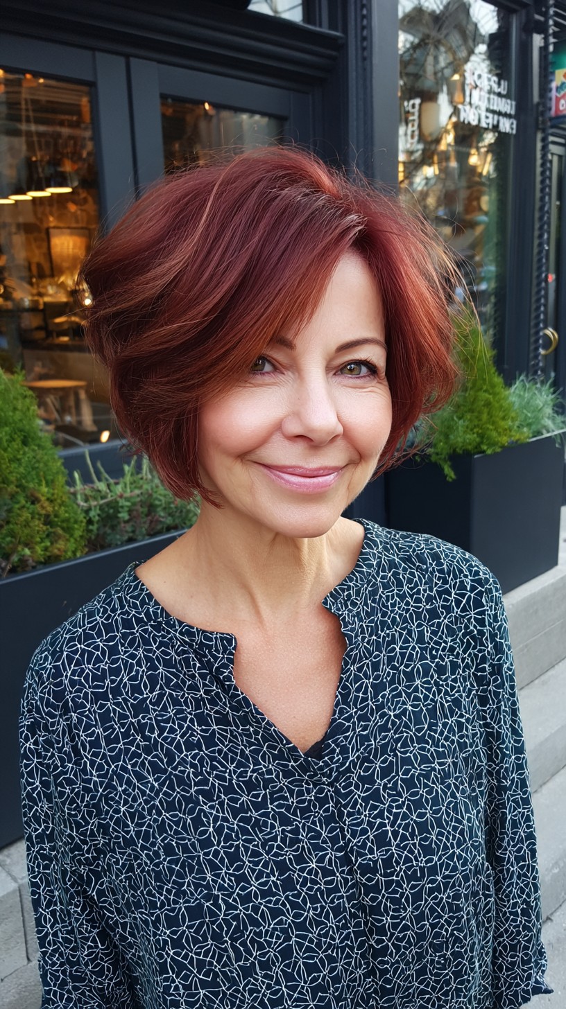 Soft Voluminous Red Angled Bob with Stacked Nape