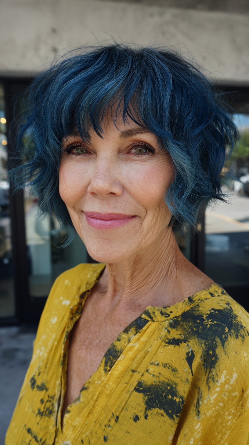 Teal Textured Chin-Length Shag with Wispy Fringe