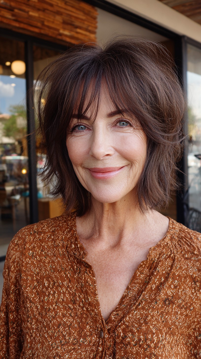 Textured Chestnut Shaggy Chin-Length Bob with Soft Tapered Fringe