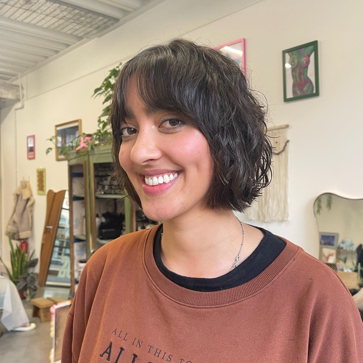 Textured Chin-Length Bob with Soft Blended Curtain Fringe and Natural Crown Lift