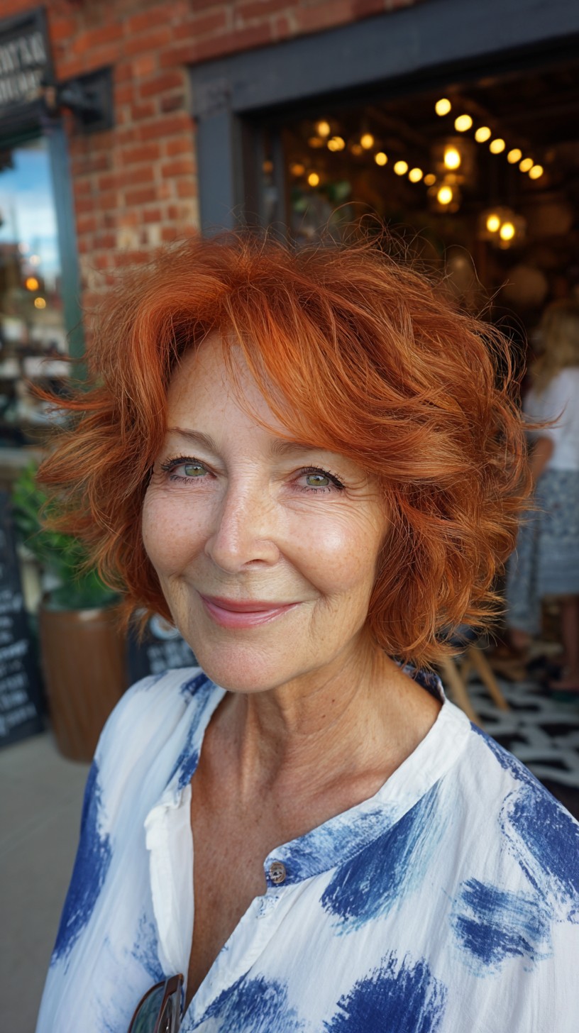 Textured Copper Short Layered Bob with Lifted Crown