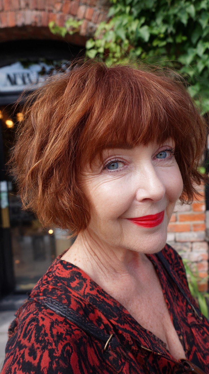 Textured Copper-Sienna Shaggy Chin-Length Bob with Blunt Micro Fringe