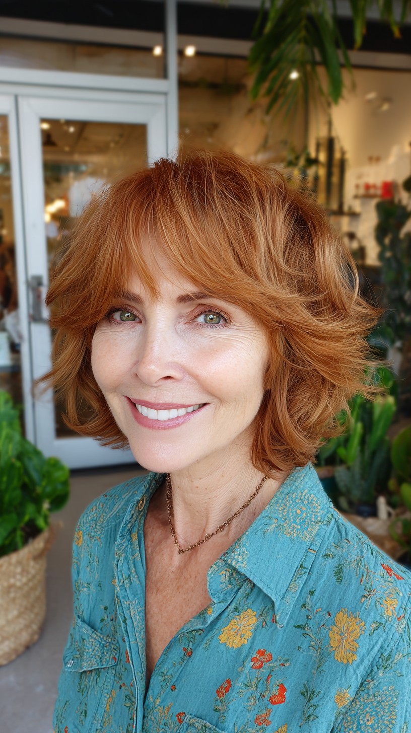 Textured Ginger Shag with Soft Curtain Fringe and Lifted Crown