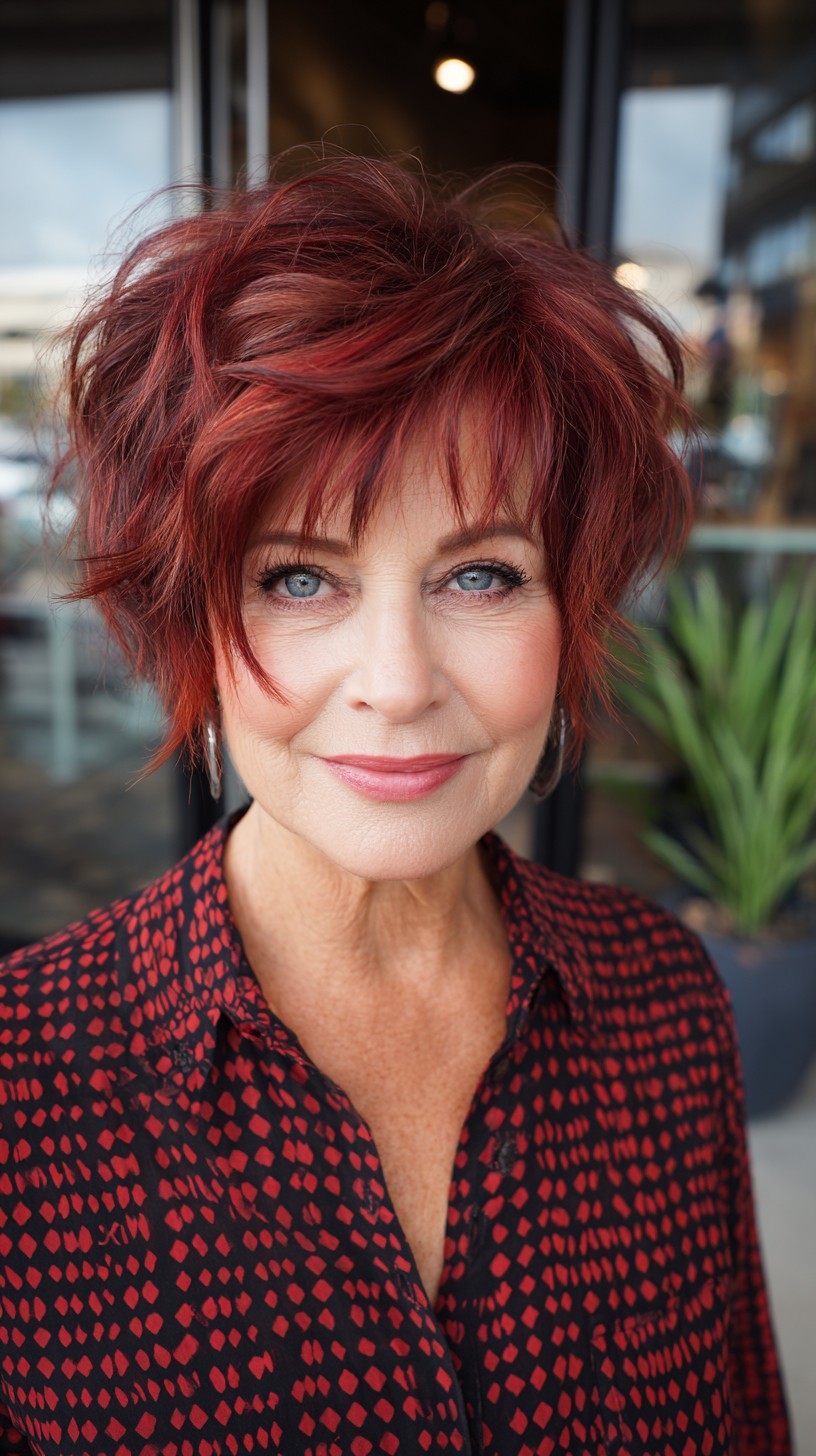 Textured Ruby-Auburn Short Shag with Piecey Micro Fringe