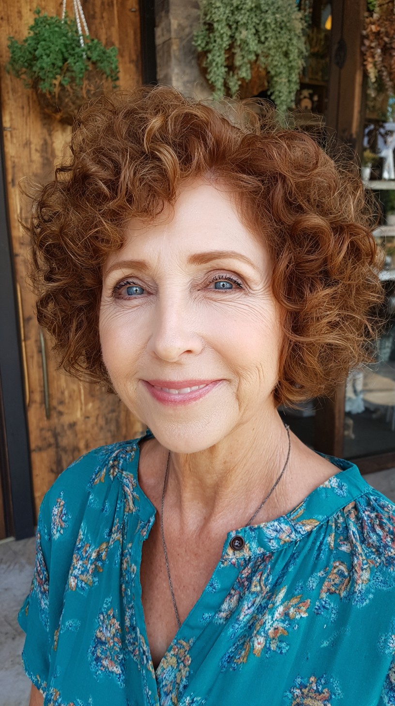 Voluminous Auburn Curly Crop with Rounded Halo