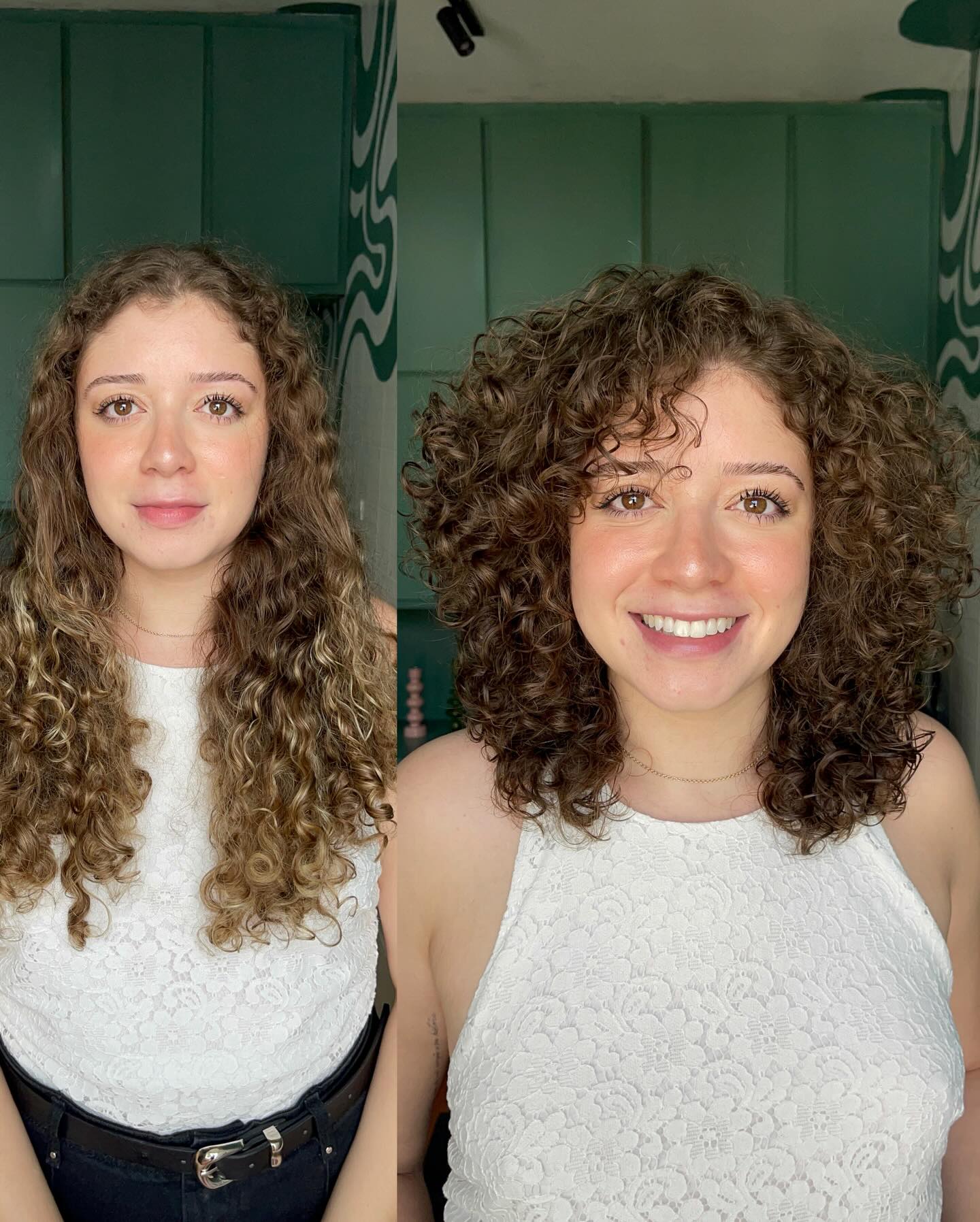 Voluminous Curly Shoulder-Length Layered Cut with Soft Curly Fringe