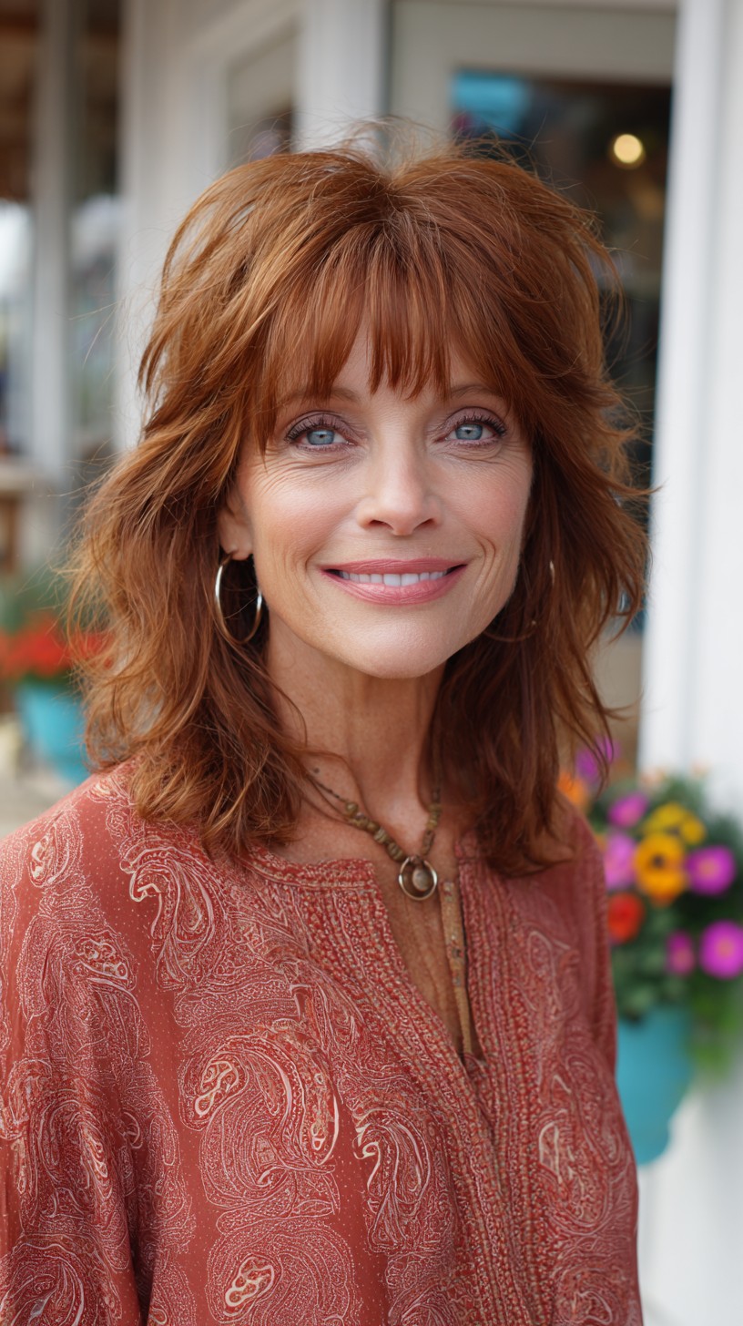 Warm Auburn Medium Shag with Feathered Fringe and Crown Lift