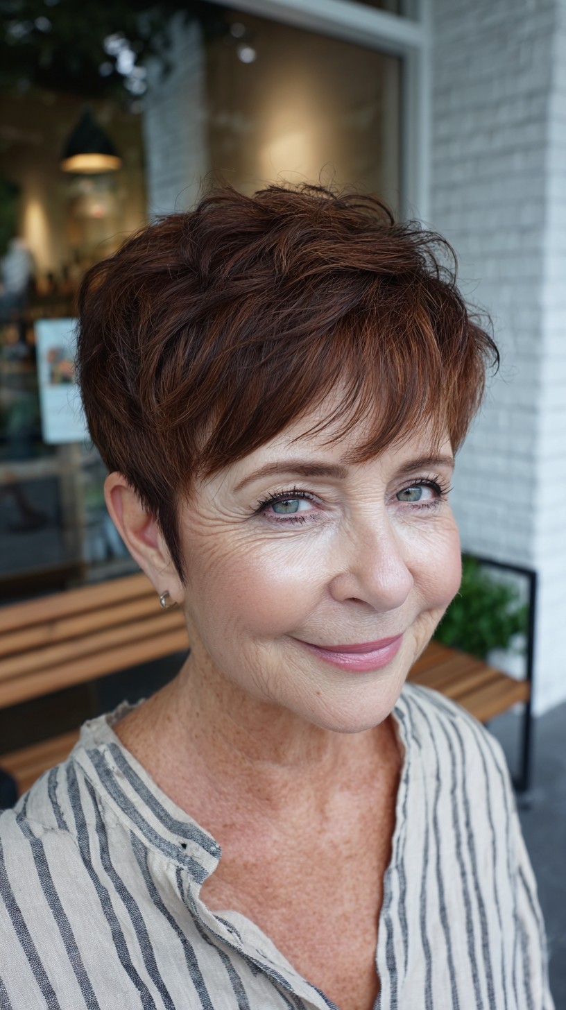 Warm Chestnut Textured Pixie with Lifted Crown