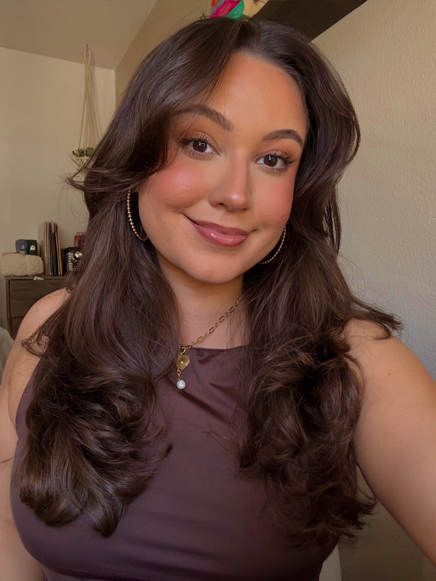 Warm Mocha Rounded Blowout with Soft Curtain Layers