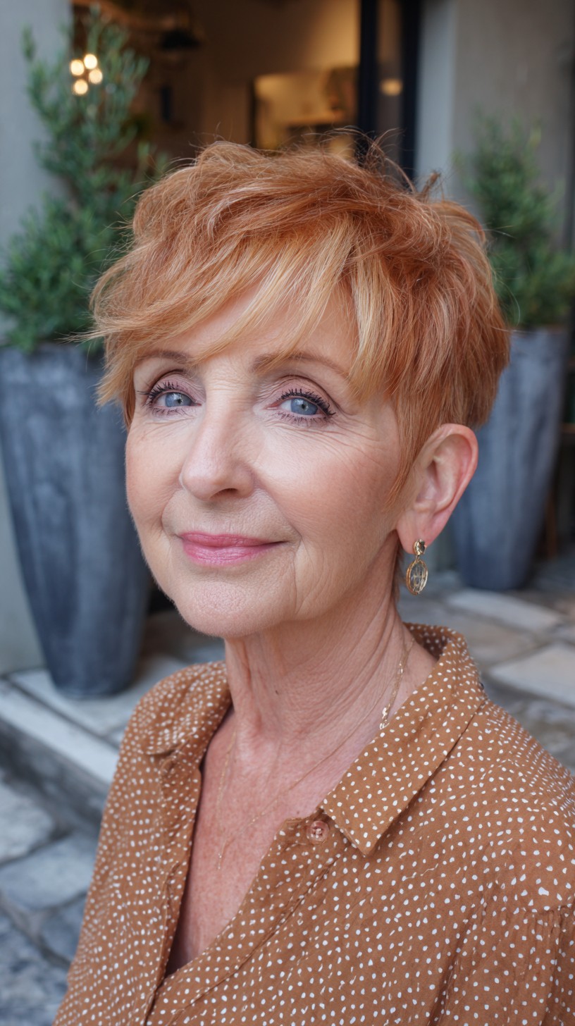 Warm Strawberry-Blonde Textured Pixie with Side-Swept Fringe