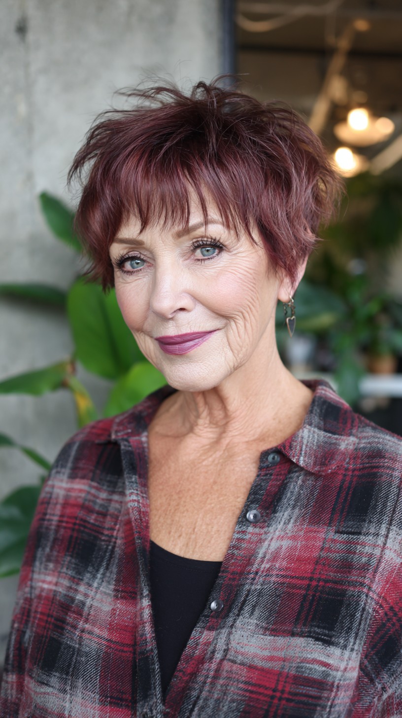 Wine-Red Shaggy Pixie with Feathered Crown