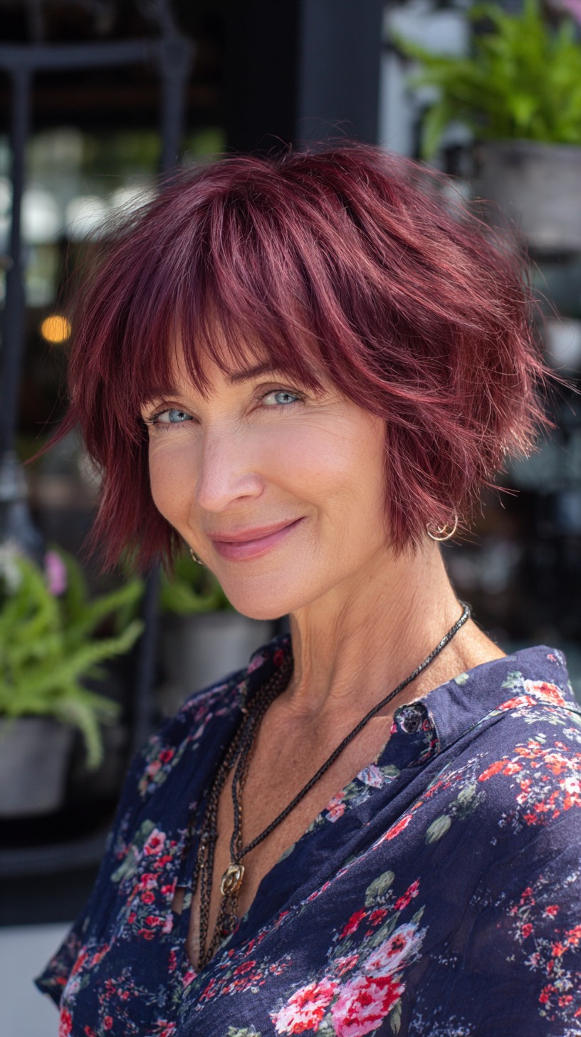 Wine-Red Textured Shaggy Chin-Length Bob with Soft Short Fringe