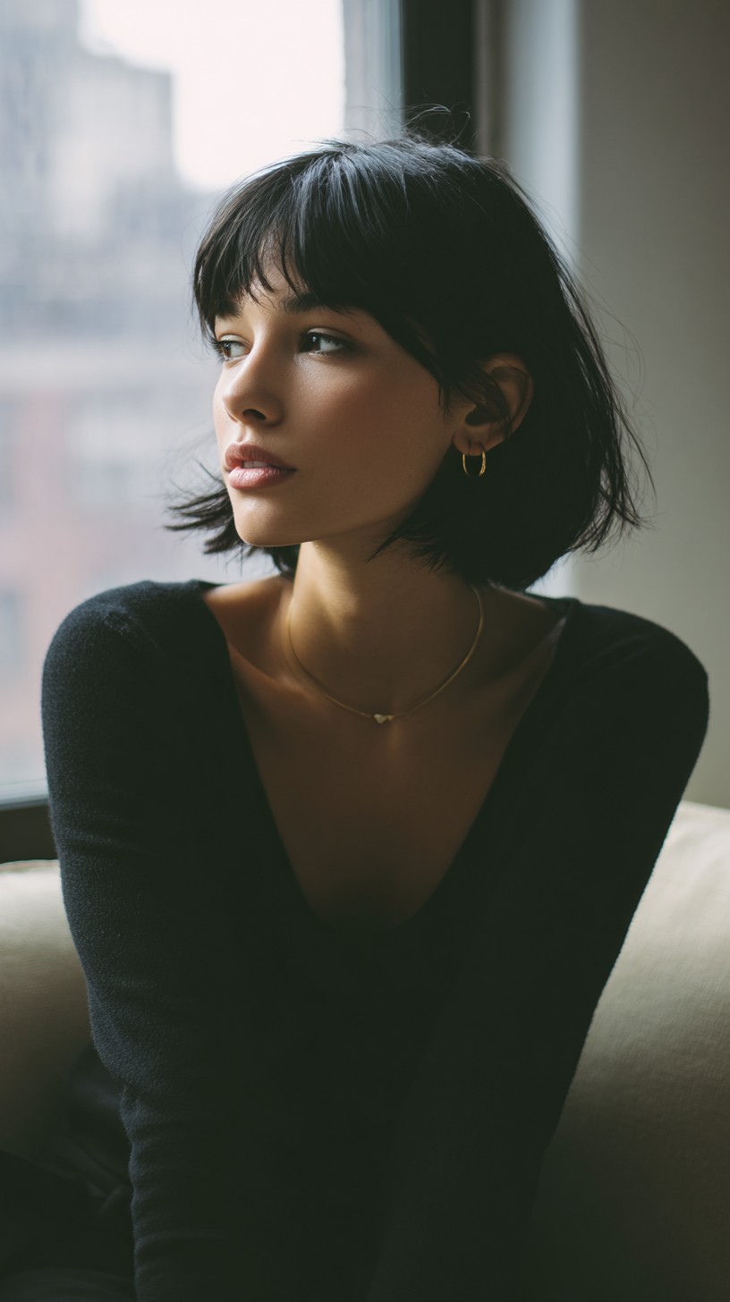 Chic Chin-Length Textured Bob with Short Wispy Fringe