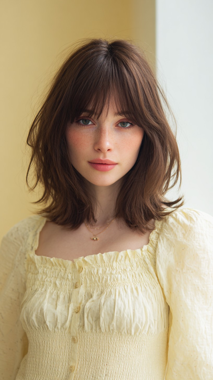 Medium-Length Feathered Cut with Brow-Grazing Wispy Bangs