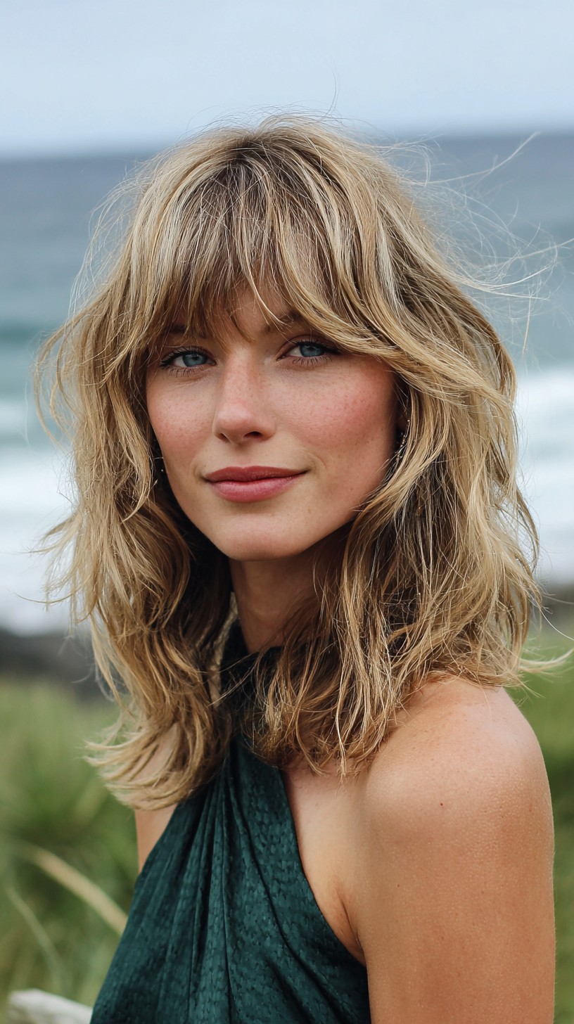 Sun-Kissed Shoulder-Length Lob with Wispy Brow-Grazing Bangs