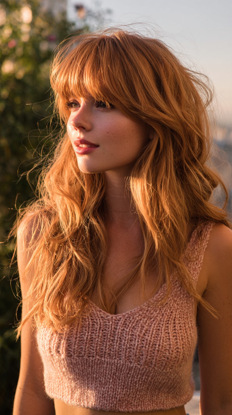 Textured Long Copper Waves with Full Blunt Fringe