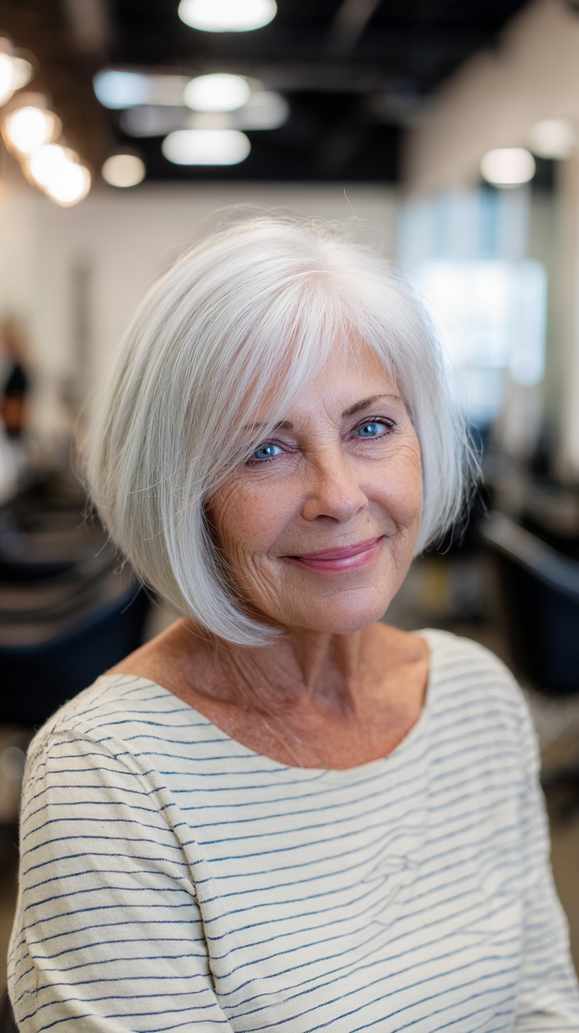 Rounded Chin-Length Silver Bob with Soft Side Fringe
