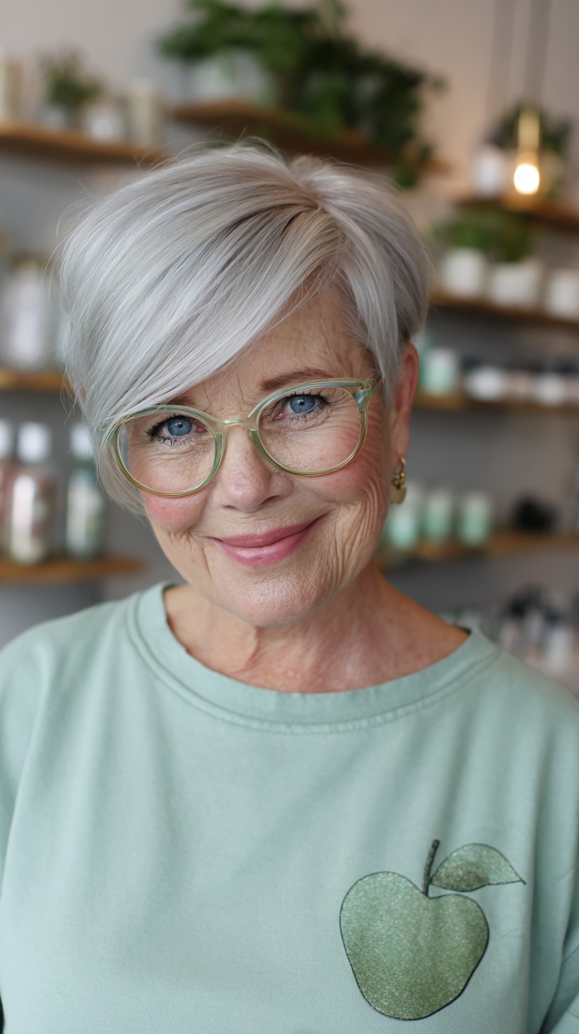 Silver Stacked Pixie with Side-Swept Fringe