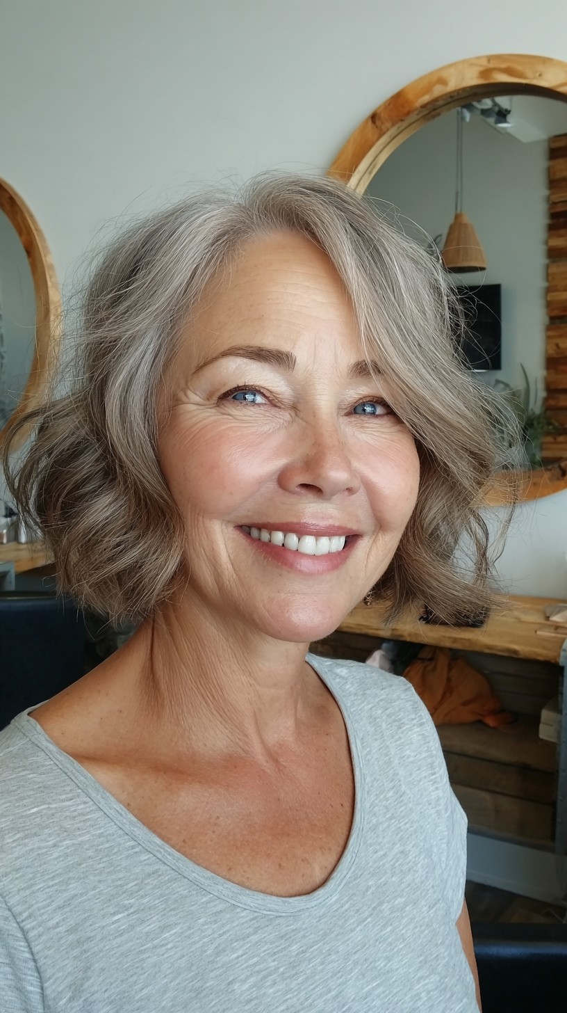 Soft Chin-Length Silver Bob with Side-Feathered Layers