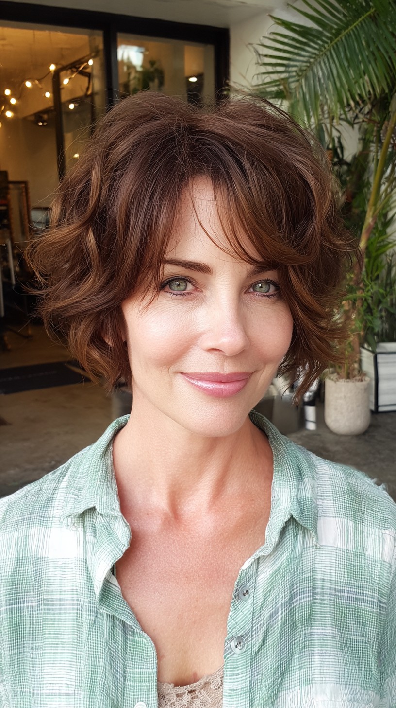 Airy Chestnut Chin-Grazing Layered Bob with Feathered Brow-Grazing Fringe