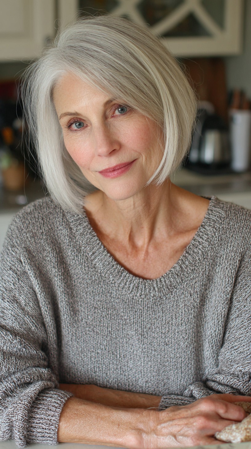 Ash-Silver Angled Chin-Length Bob with Subtle Crown Lift