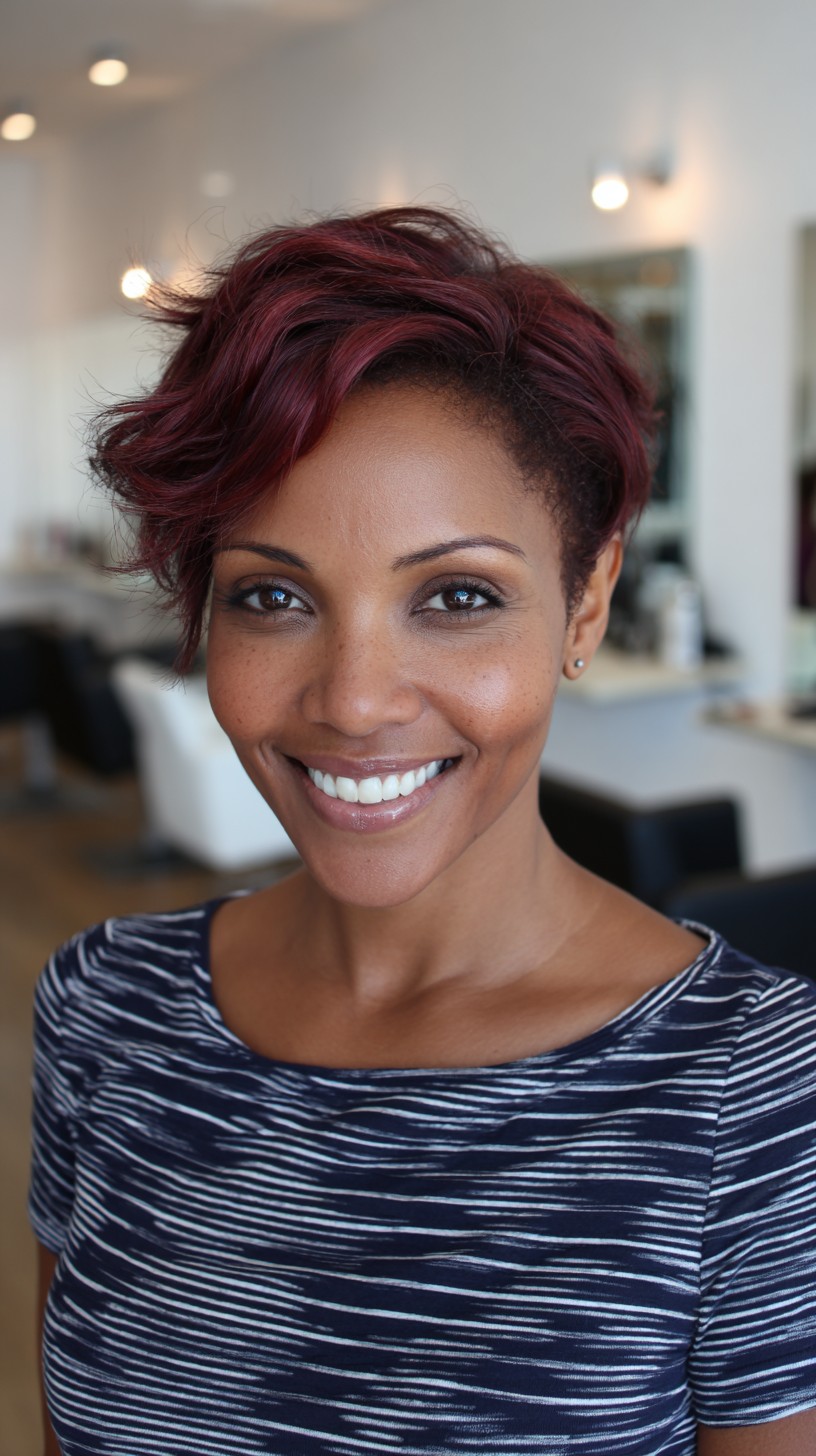 Asymmetrical Textured Long Pixie with Burgundy Glaze