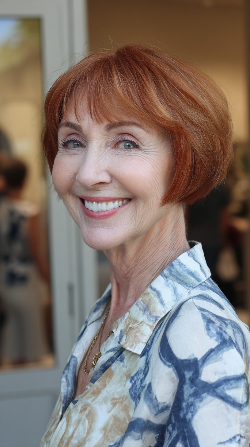 Auburn Rounded Chin-Length Bob with Micro Fringe and Subtle Crown Lift