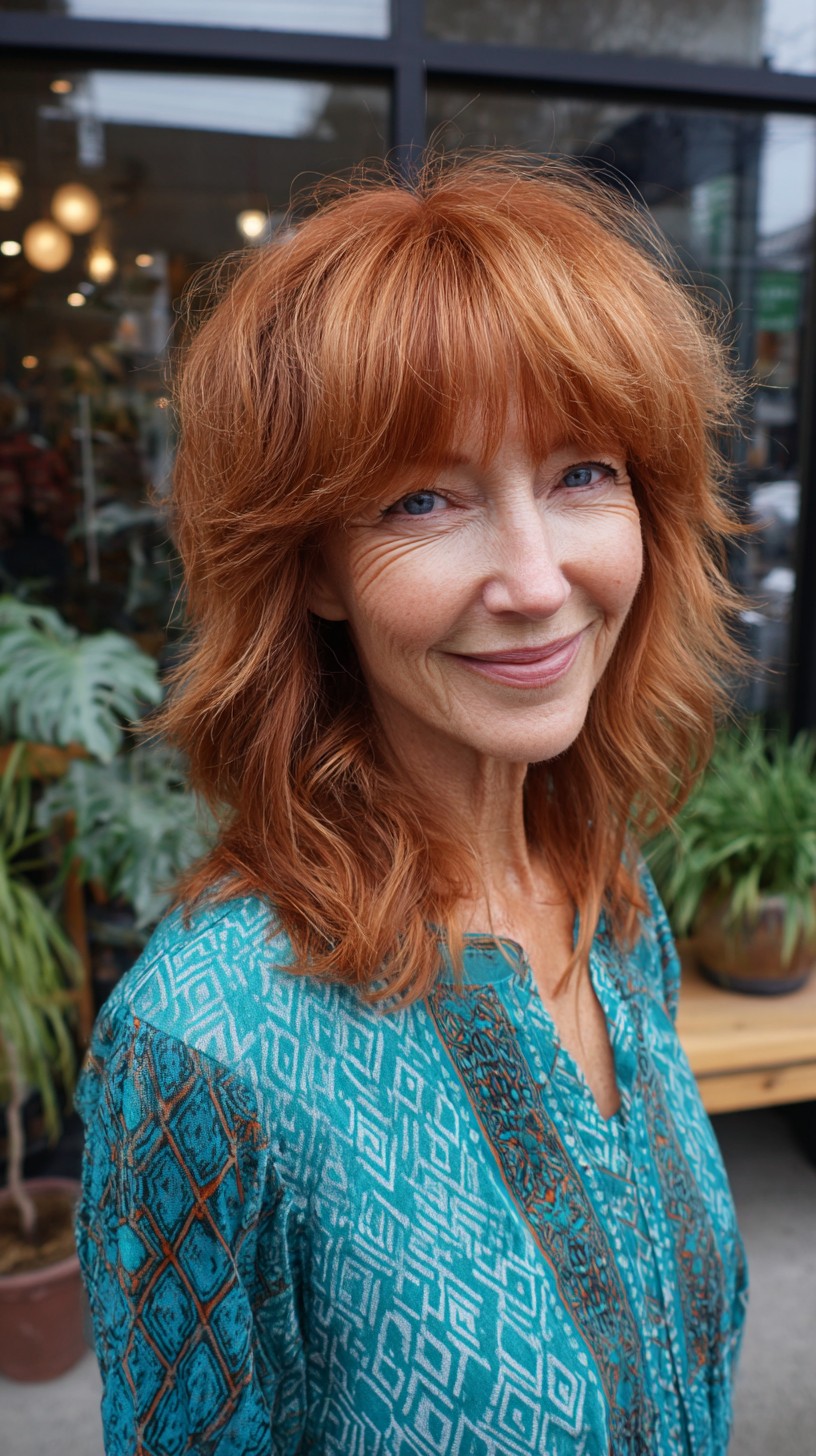 Auburn Shoulder-Grazing Shag with Feathered Brow Fringe