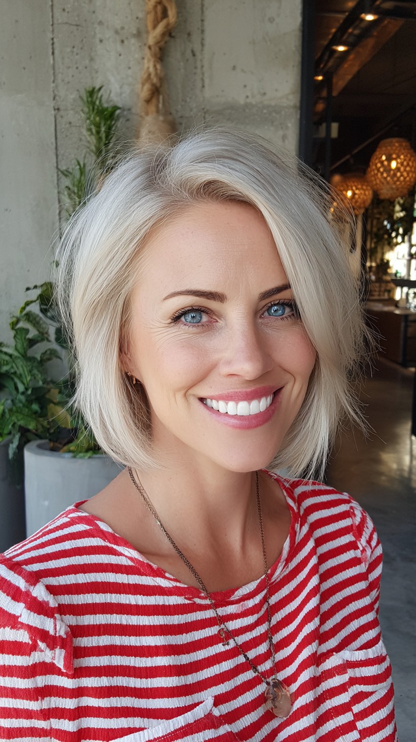 Blended Platinum Chin-Grazing Layered Bob with Side Sweep